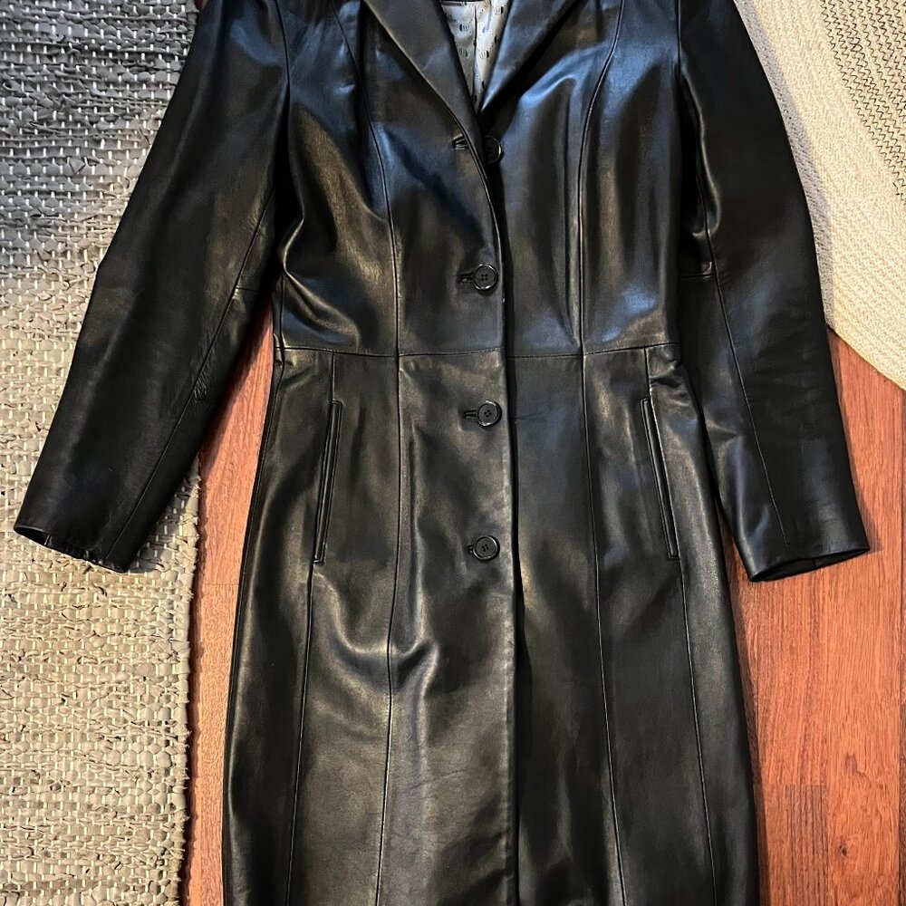 Vintage Long Black Leather Coat - Kenneth Cole Reaction - Size P/S - Great cond.